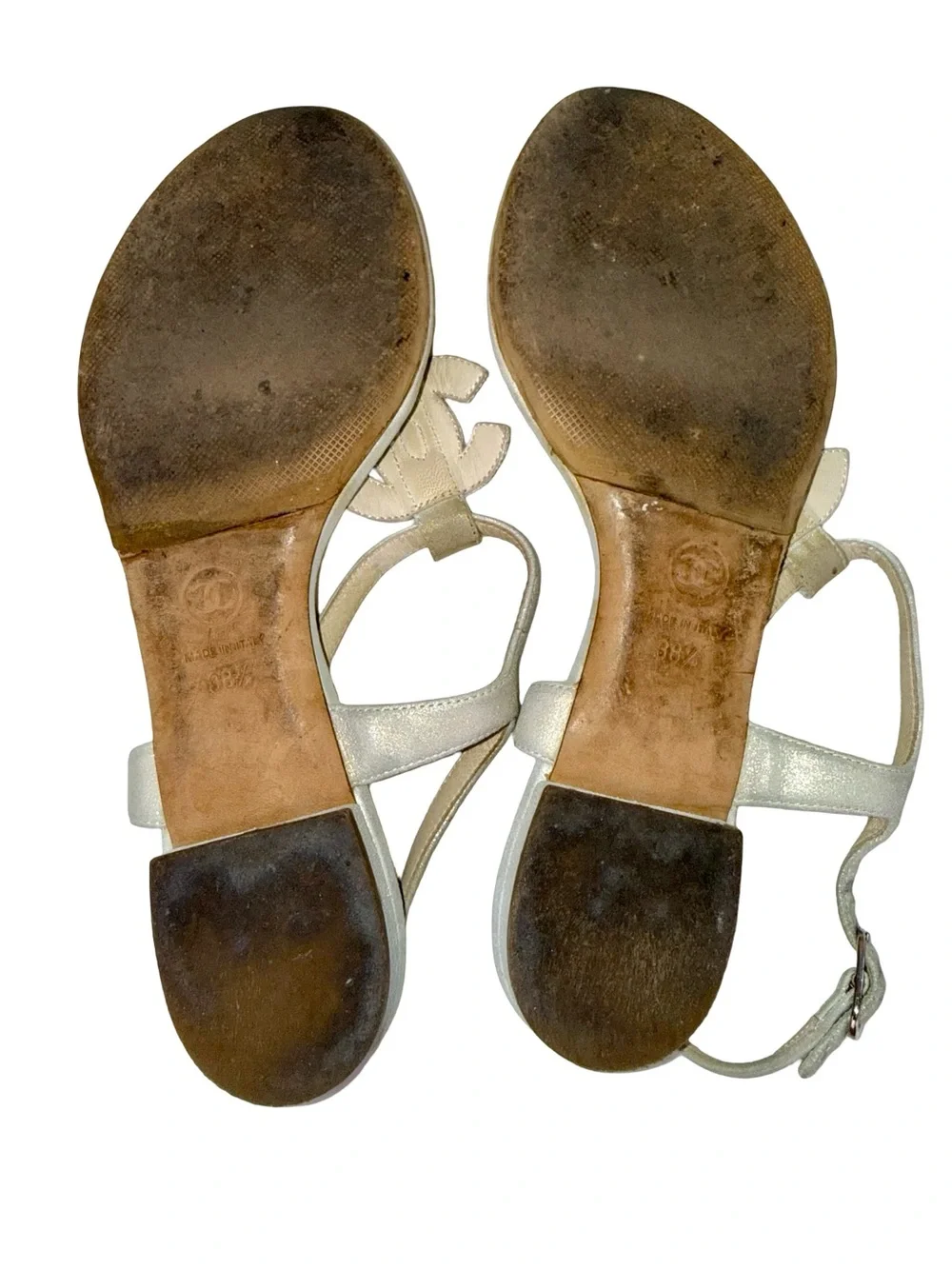 CHANEL GLITTER-EMBOSSED T-STRAP SANDALS
